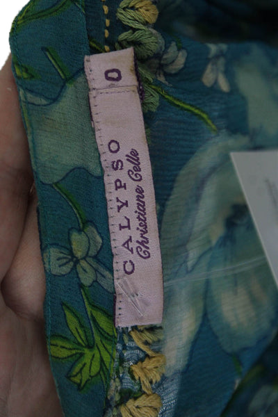 Calypso Christiane Celle Women Blue Floral Tunic Long Sleeve Drawstring Size 0