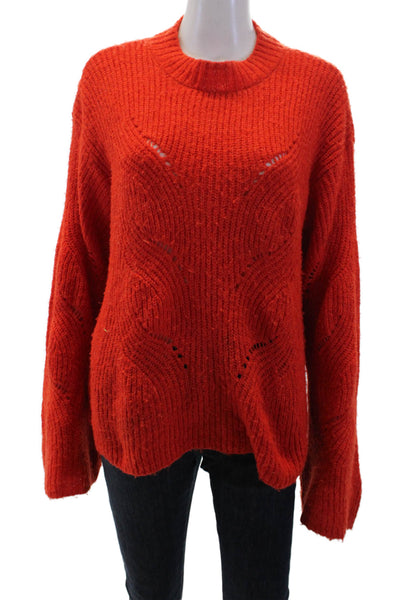 Mango Women's Long Sleeves Round Neck Open Knit Pullover Sweater Orange Size M