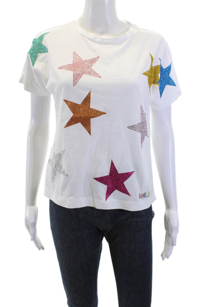 Monnalisa Childrens Girls Jeweled Stars Print Tee Shirt White Cotton Size 9