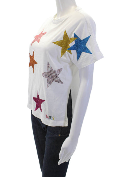 Monnalisa Childrens Girls Jeweled Stars Print Tee Shirt White Cotton Size 9