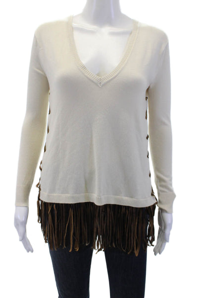 Central Park West Womens Pullover Beige V-Neck Lace-Up Long Sleeve Size XS
