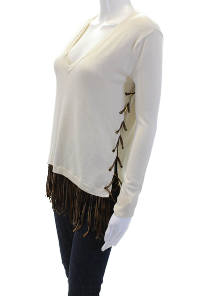 Central Park West Womens Pullover Beige V-Neck Lace-Up Long Sleeve Size XS
