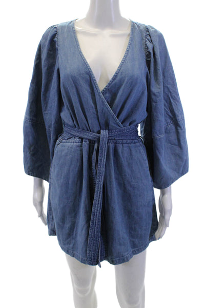 Apiece Apart Womens Cotton V-Neck Long Sleeve Romper Blue Size 2