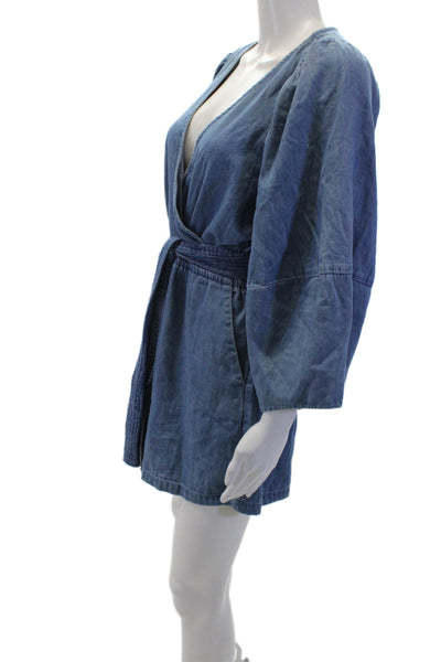 Apiece Apart Womens Cotton V-Neck Long Sleeve Romper Blue Size 2