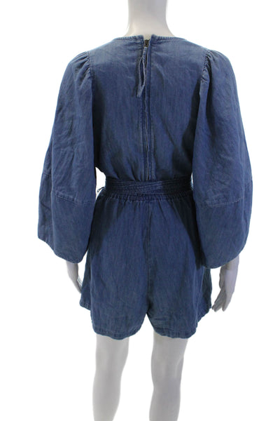 Apiece Apart Womens Cotton V-Neck Long Sleeve Romper Blue Size 2