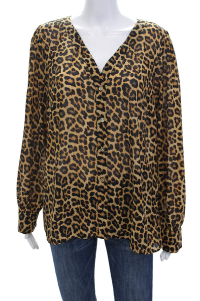 Michael Michael Kors, Women Beige Animal Print V-Neck Button-Up Blouse Size L