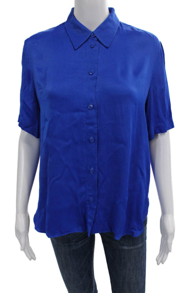 Zara Women Basic Collared Button-Up Blue Viscose Blouse Short Sleeve Size S