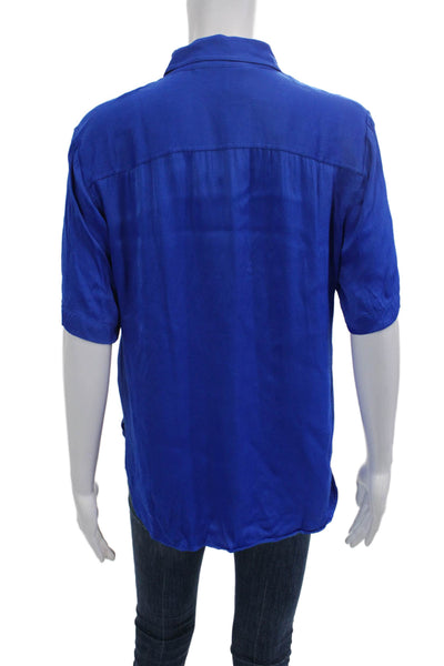 Zara Women Basic Collared Button-Up Blue Viscose Blouse Short Sleeve Size S