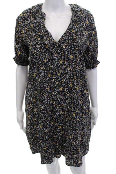 Madewell Women Black V-Neck Floral Shirt Dress Short Sleeve Size XS