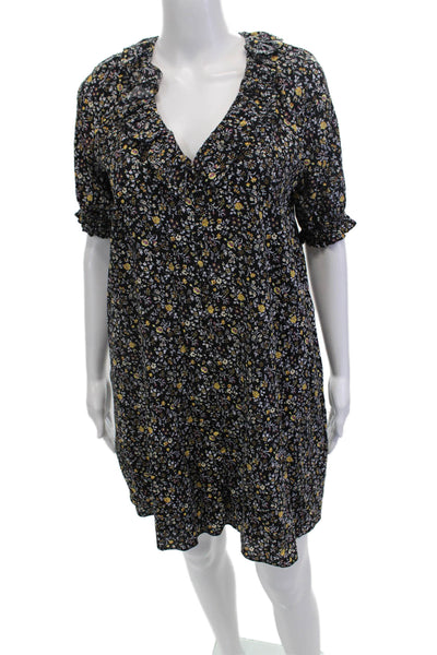 Madewell Women Black V-Neck Floral Shirt Dress Short Sleeve Size XS
