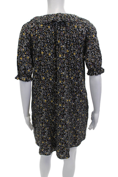 Madewell Women Black V-Neck Floral Shirt Dress Short Sleeve Size XS