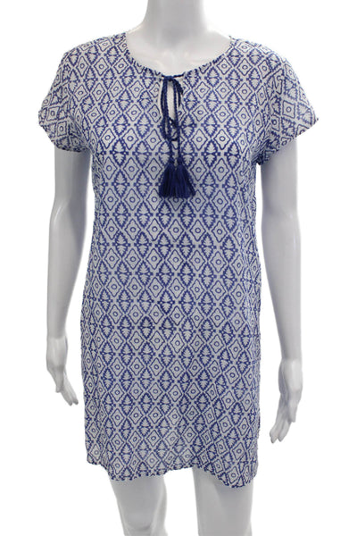 Oliphant Women Shift Dress Blue Aztec Cotton Short Sleeve Size XS