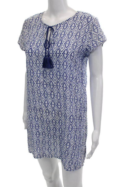 Oliphant Women Shift Dress Blue Aztec Cotton Short Sleeve Size XS