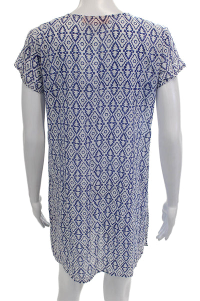 Oliphant Women Shift Dress Blue Aztec Cotton Short Sleeve Size XS