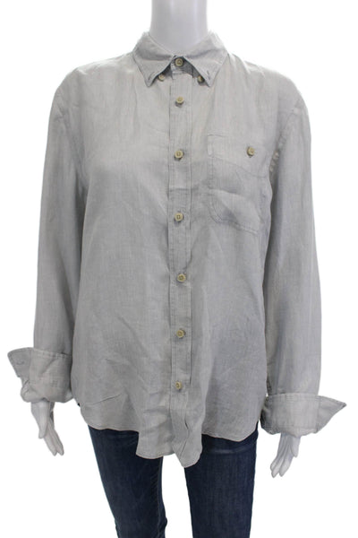 7 For All Mankind Women Gray Linen Collared Button-Up Long Sleeve Basic Size M