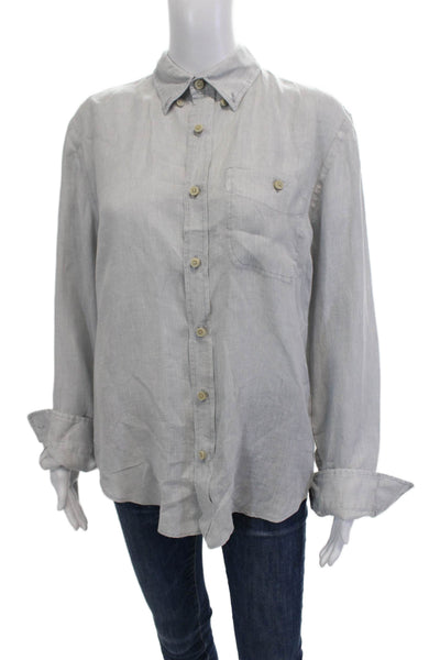 7 For All Mankind Women Gray Linen Collared Button-Up Long Sleeve Basic Size M