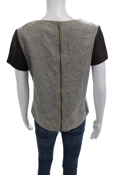 Jenni Kayne Women Gray Wool Basic Blouse Short Sleeve Round Neck Zip Size M