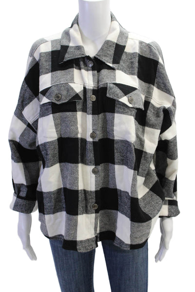 Zara Women Black Plaid Collared Button Jacket 90s Cotton Blend Size L