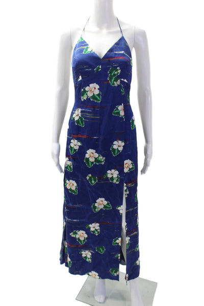 Racil Women Maxi Slip Dress Dark Blue Floral V-Neck Tie Sleeveless Size S