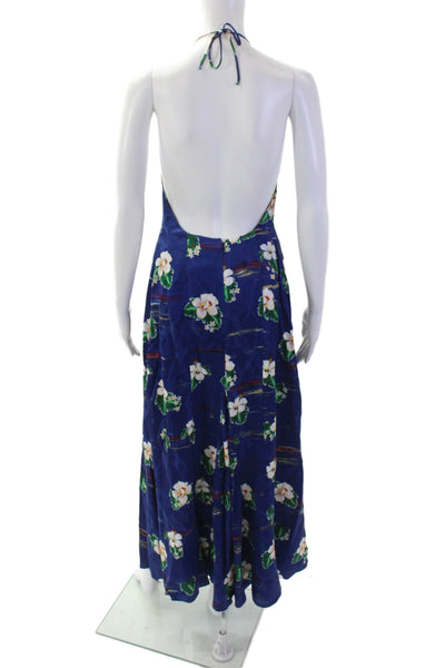 Racil Women Maxi Slip Dress Dark Blue Floral V-Neck Tie Sleeveless Size S