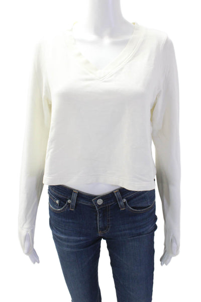 Athleta Women Cropped V-Neck Long Sleeve T-Shirt White Petite Size XS