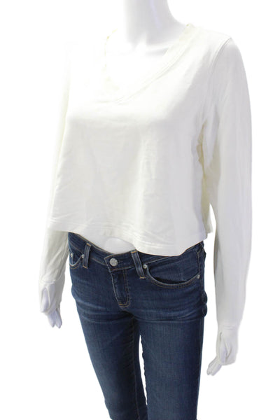 Athleta Women Cropped V-Neck Long Sleeve T-Shirt White Petite Size XS