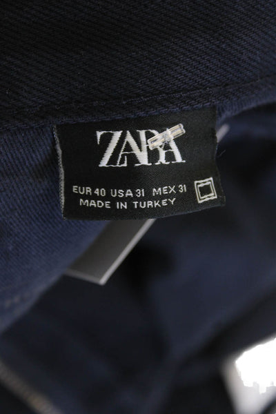 Zara Mens Cropped Ankle Pants Dark Blue Button Cotton Blend Size 31