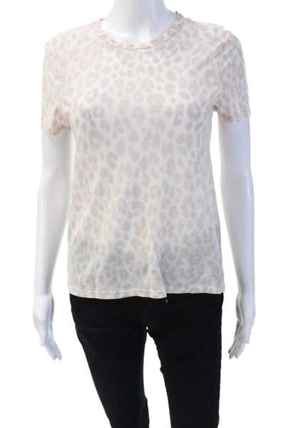 ALC Women Beige Animal Print Cotton Jersey Crew Neck Short Sleeve Size S