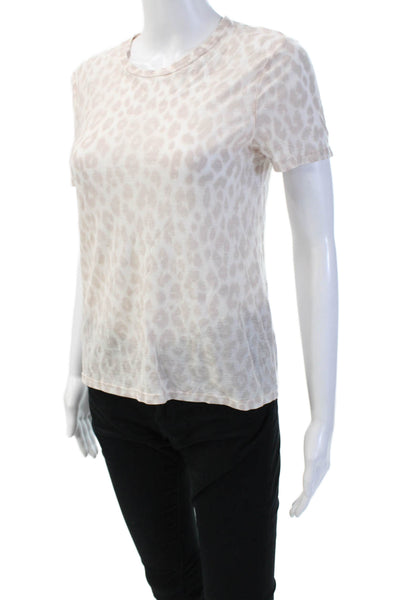 ALC Women Beige Animal Print Cotton Jersey Crew Neck Short Sleeve Size S