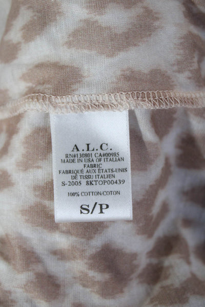 ALC Women Beige Animal Print Cotton Jersey Crew Neck Short Sleeve Size S