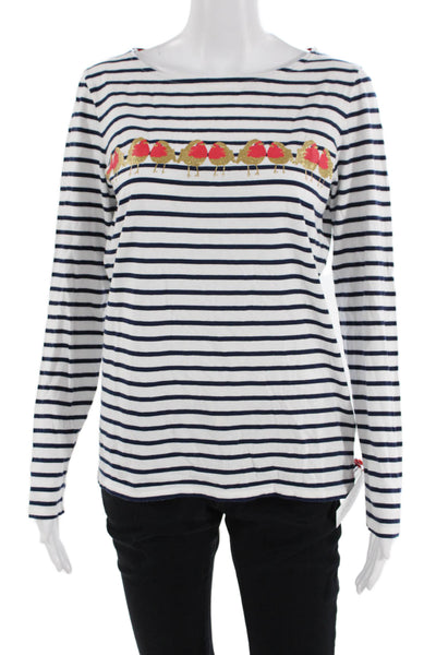 Boden Women White Silk Jersey Striped Crew Neck Long Sleeve T-Shirt Size 8