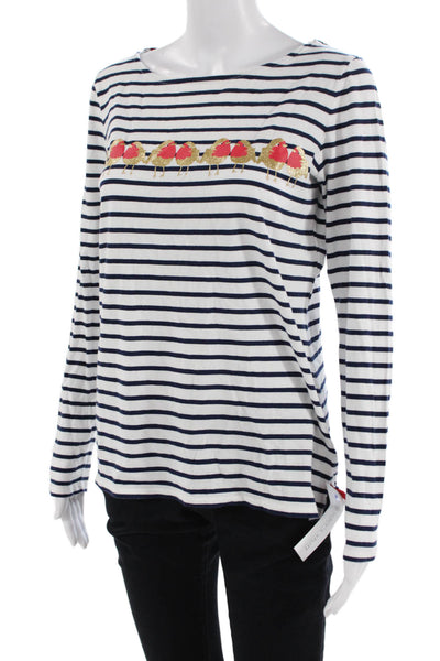 Boden Women White Silk Jersey Striped Crew Neck Long Sleeve T-Shirt Size 8