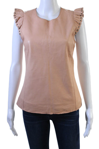 Sandro Womens Beige Lamb Leather Zip Cap Sleeve Blouse Size 1