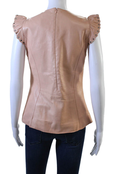 Sandro Womens Beige Lamb Leather Zip Cap Sleeve Blouse Size 1