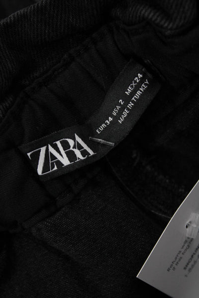 Zara Women Ankle Paperbag Black Cotton Pants Mid Rise Size 2