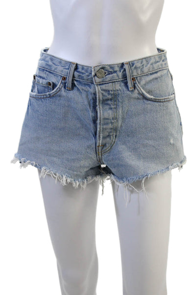 Grlfrnd Womens Button Fly Distressed Fringe Denim Short Shorts Blue Size 26