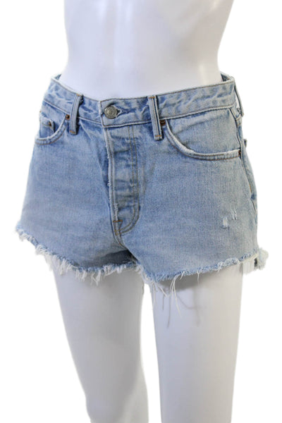 Grlfrnd Womens Button Fly Distressed Fringe Denim Short Shorts Blue Size 26
