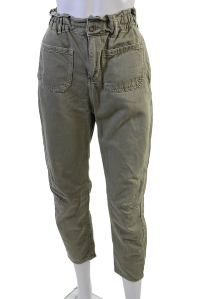 Zara Women Paperbag Cropped Ankle Pants Green Cotton Button Size 2
