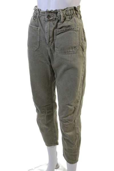 Zara Women Paperbag Cropped Ankle Pants Green Cotton Button Size 2