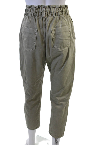 Zara Women Paperbag Cropped Ankle Pants Green Cotton Button Size 2