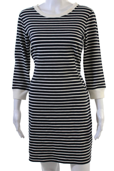 Theory Women Shift Sweater Dress Black Striped Crew Neck 3/4 Sleeve Zip Size 8