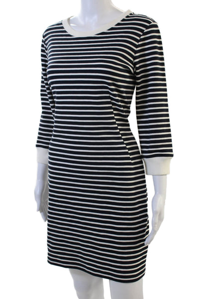 Theory Women Shift Sweater Dress Black Striped Crew Neck 3/4 Sleeve Zip Size 8