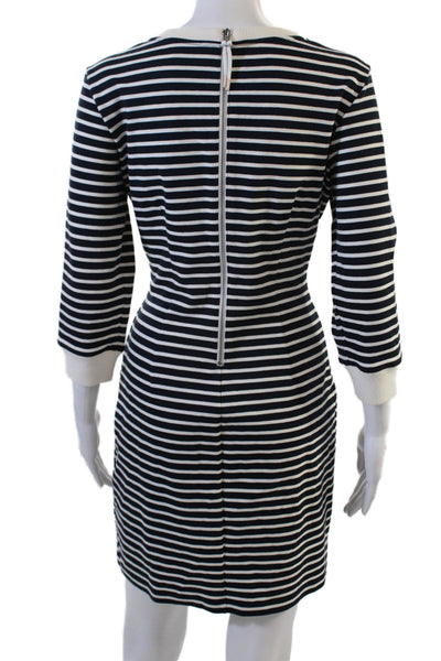 Theory Women Shift Sweater Dress Black Striped Crew Neck 3/4 Sleeve Zip Size 8