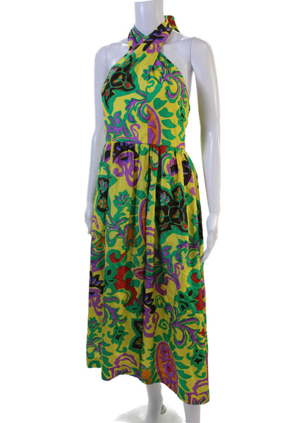 J Crew Womens Maxi Sundress Green Linen Cotton Graphic Print Sleeveless Size 6