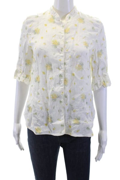 Sleeper Women White Linen Floral High Neck Button-Up Blouse 3/4 Sleeve Size XS