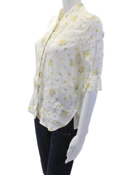 Sleeper Women White Linen Floral High Neck Button-Up Blouse 3/4 Sleeve Size XS