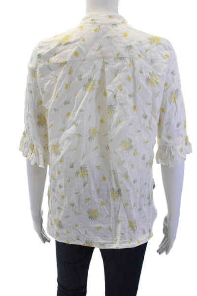 Sleeper Women White Linen Floral High Neck Button-Up Blouse 3/4 Sleeve Size XS