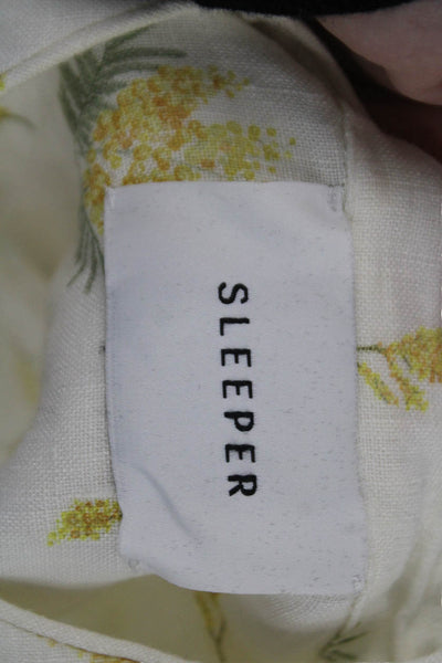 Sleeper Women White Linen Floral High Neck Button-Up Blouse 3/4 Sleeve Size XS
