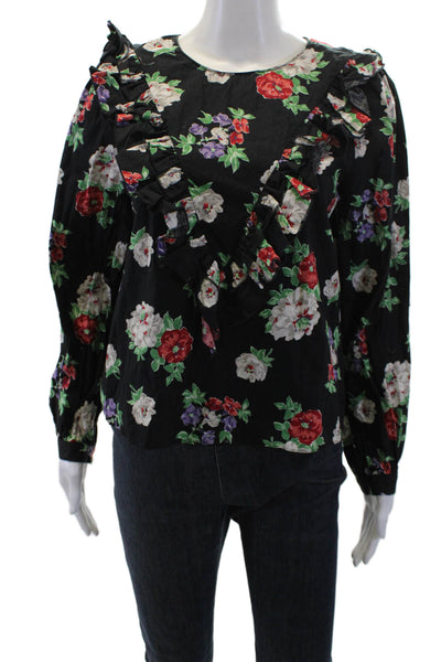 Zara Womens Black Floral Cotton Long Sleeve Round Neck Blouse Size S