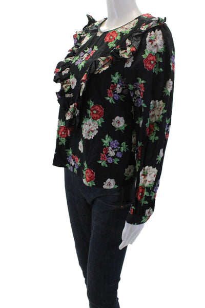 Zara Womens Black Floral Cotton Long Sleeve Round Neck Blouse Size S